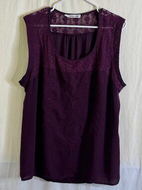 Maurices Sleeveless Blouse Deep Purple Size 2X Lace Yolk & Lace Detail on Front